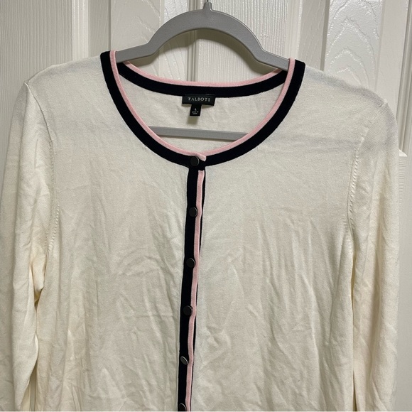 NWOT Talbots Cream, Navy Pink Trim Charming Cardigan L - Picture 4 of 7